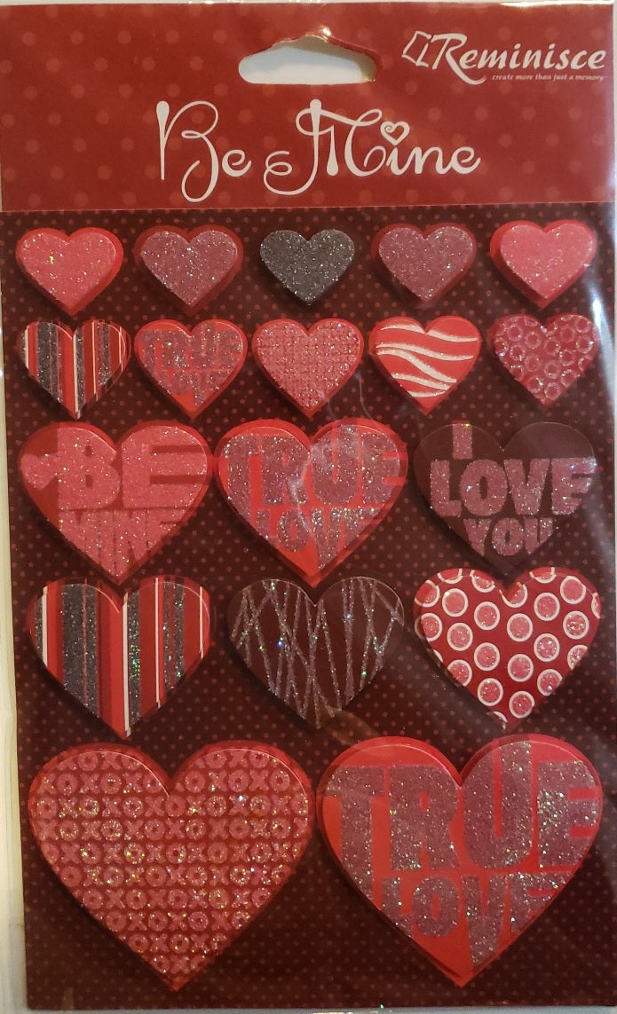 Reminisce dimensional sticker sheet - be mine hearts with glitter